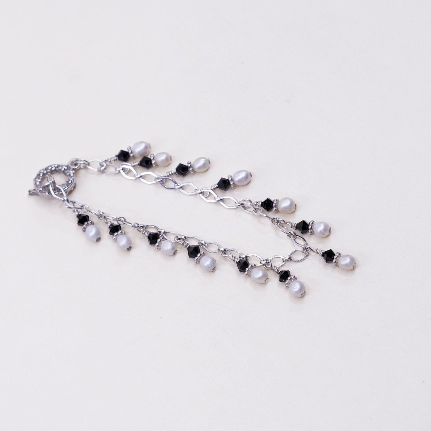 6.75”, vtg Sterling 925 silver handmade bracelet, pearl beads with crystal