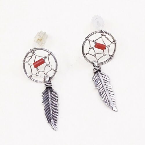 Vtg Southwestern Sterling 925 Silver Handmade Net Earrings W/ Coral N Feather