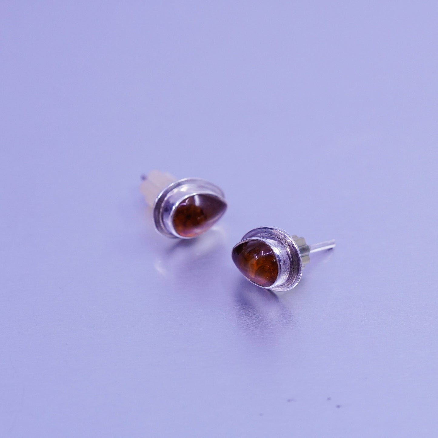 Vintage Sterling 925 silver handmade earrings, studs with teardrop Amber