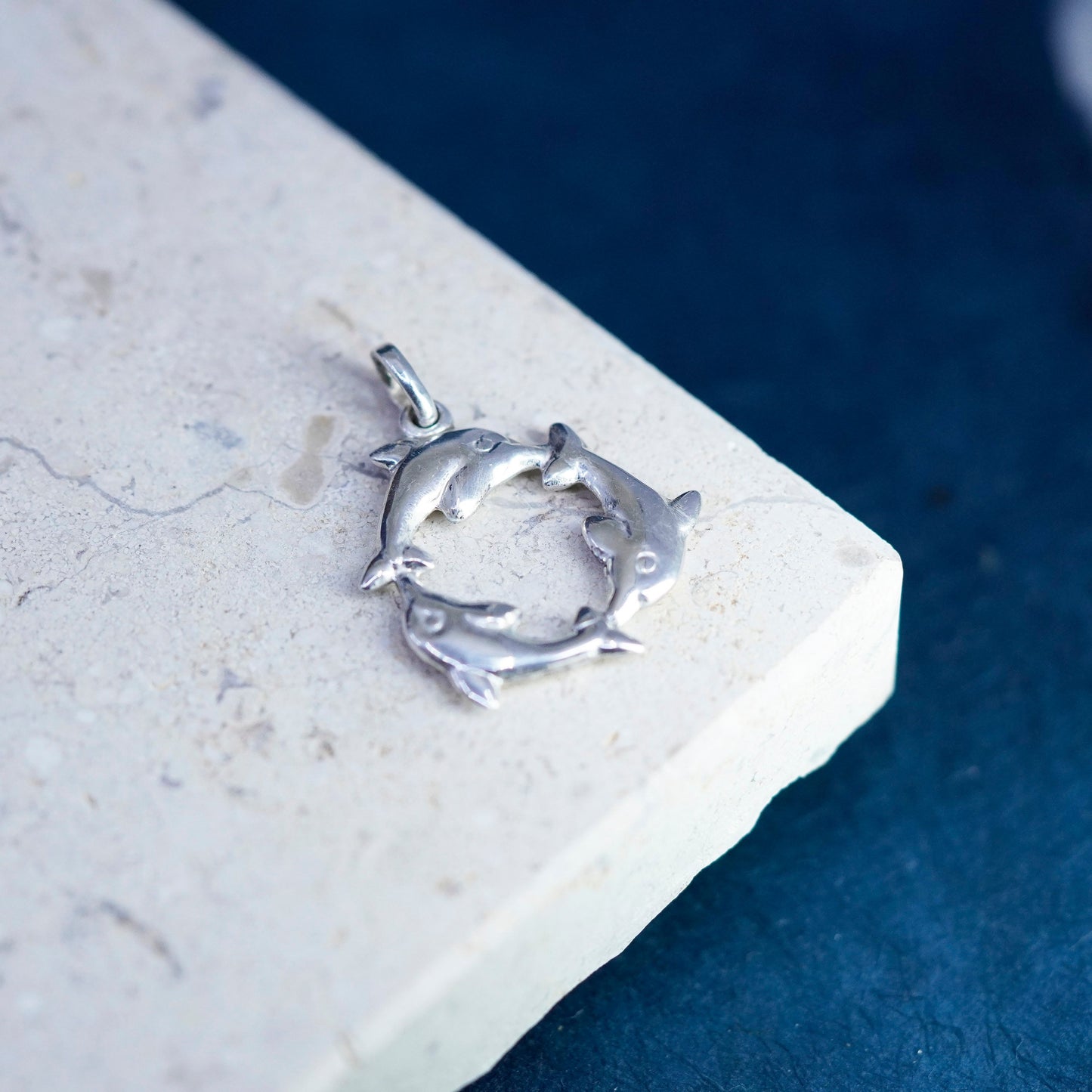 Vintage Sterling silver handmade circle Dolphin pendant, 925 charm