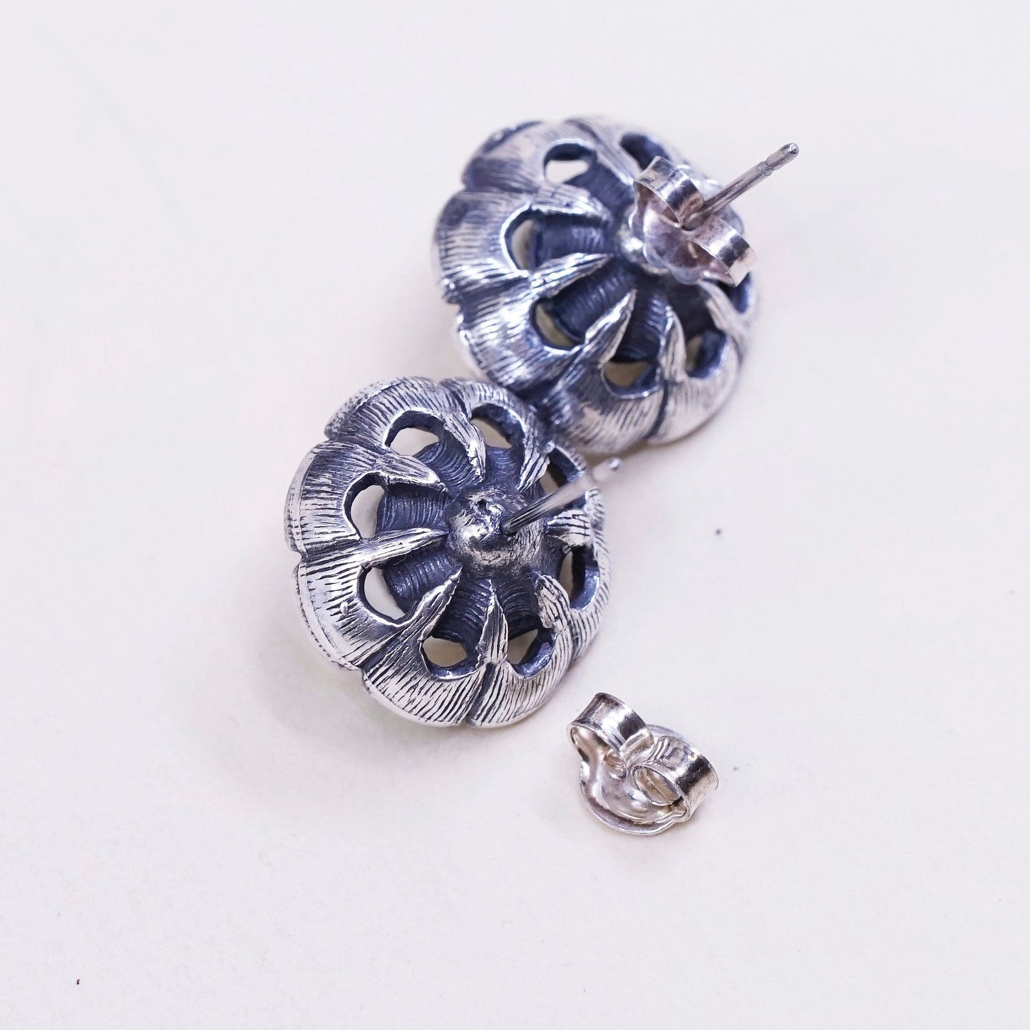 Vintage Sterling silver handmade earrings, 925 flower studs with pearl
