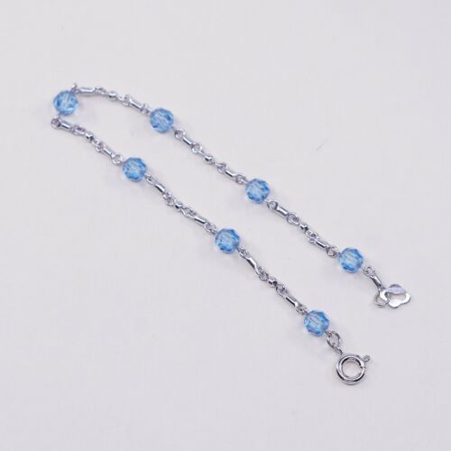 7” Vtg Sterling 925 Silver Handmade Bar Chain bracelet W/ Blue Crystal