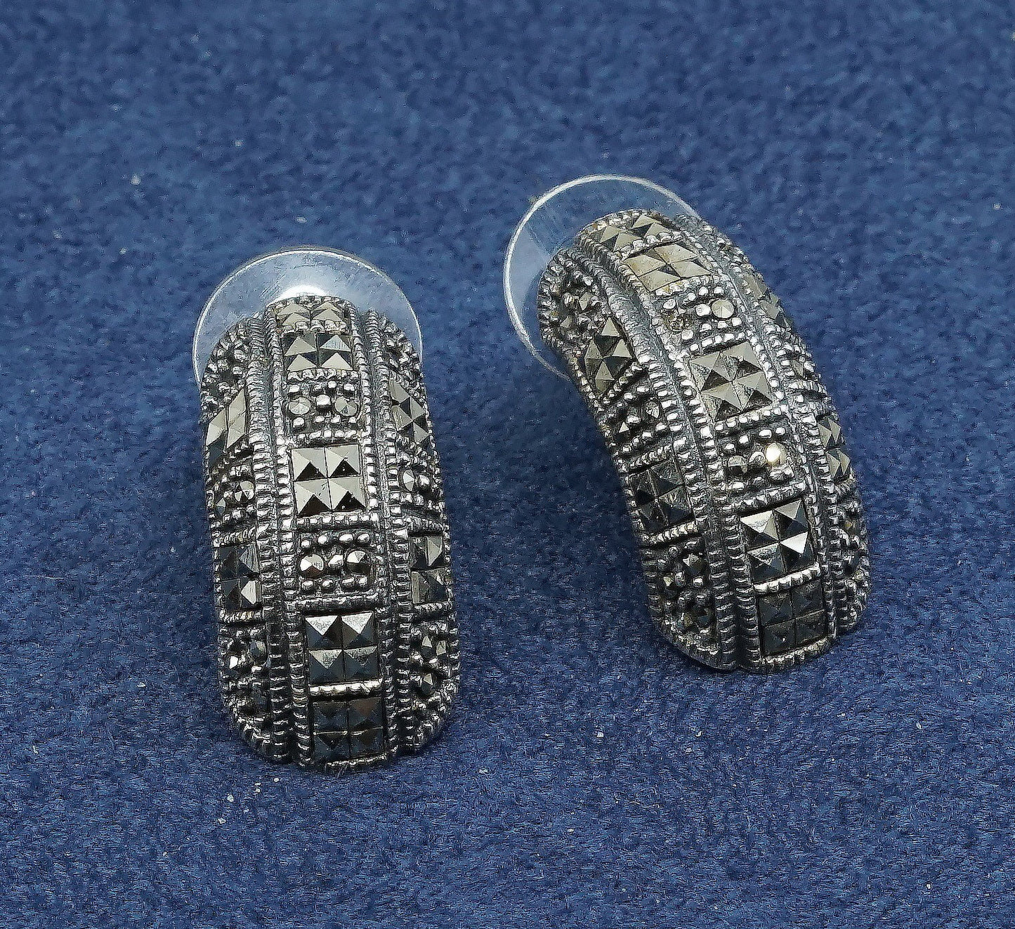 1", vtg Sterling silver handmade earrings, 925 hoops w/ marcasite, huggie