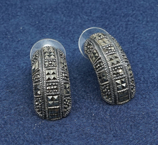 1", vtg Sterling silver handmade earrings, 925 hoops w/ marcasite, huggie