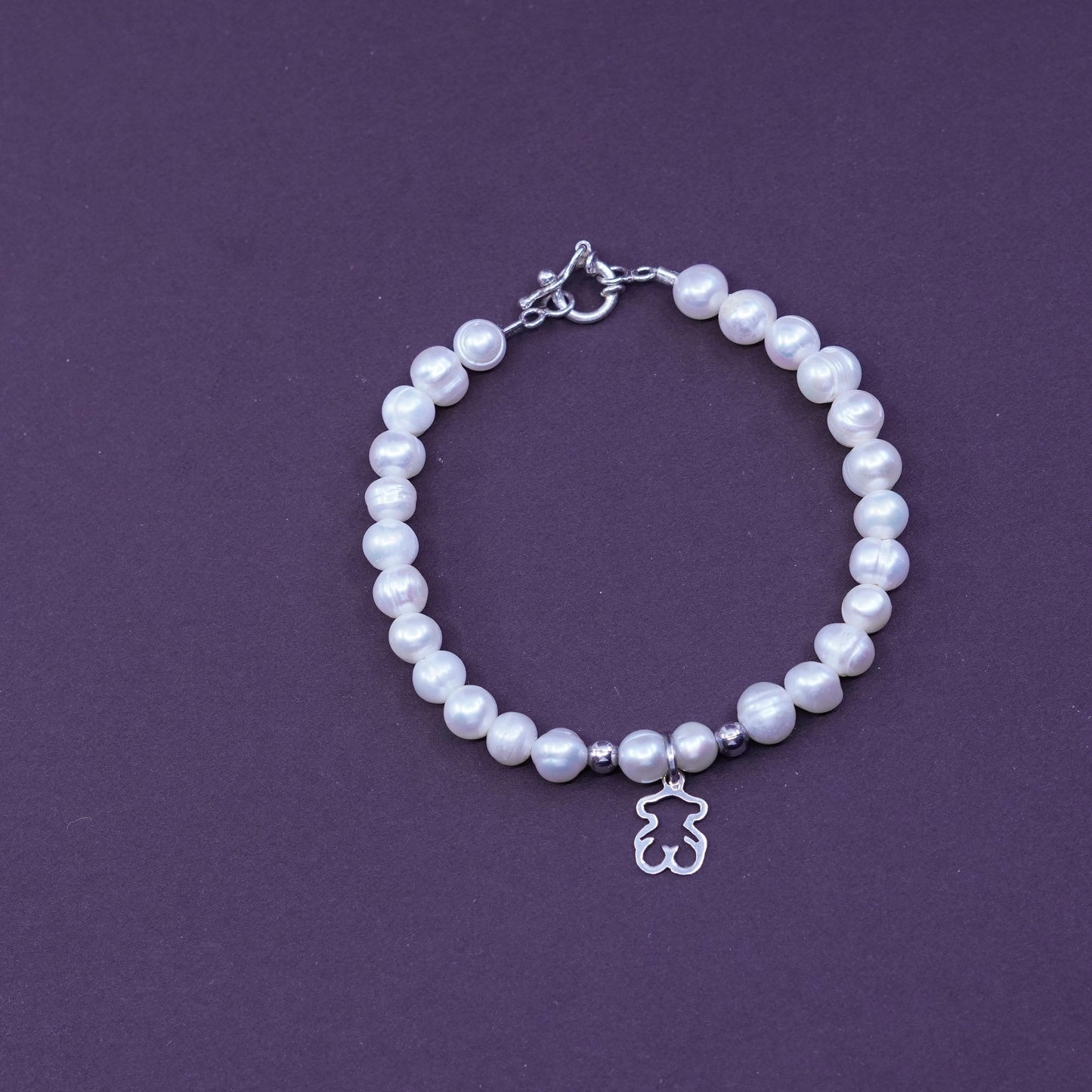 6.75”, Sterling silver bracelet, freshwater pearl beads chain w/ 925 bear charm