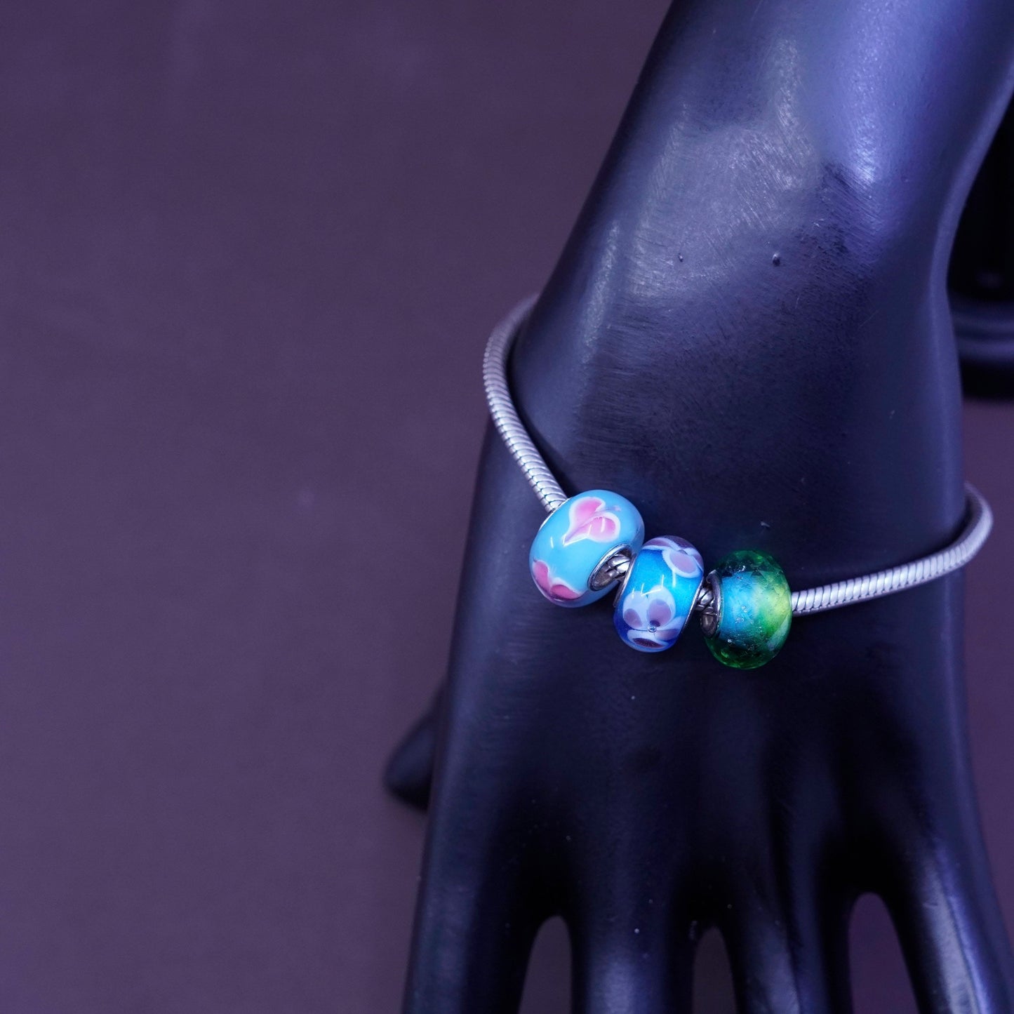 6.5”, sim stars sterling silver bracelet, 925 snake chain w/ Murano glass charm