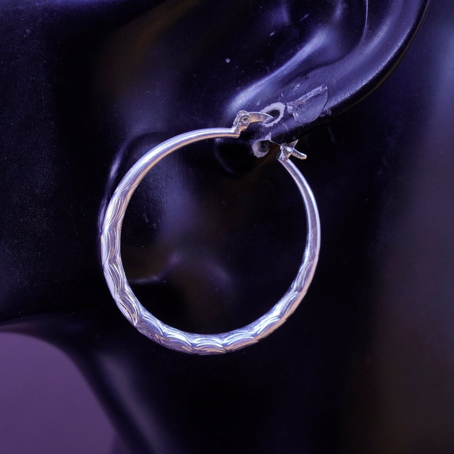 1.5”, vtg Italy Sterling silver handmade hoops, textured 925 huggie earrings