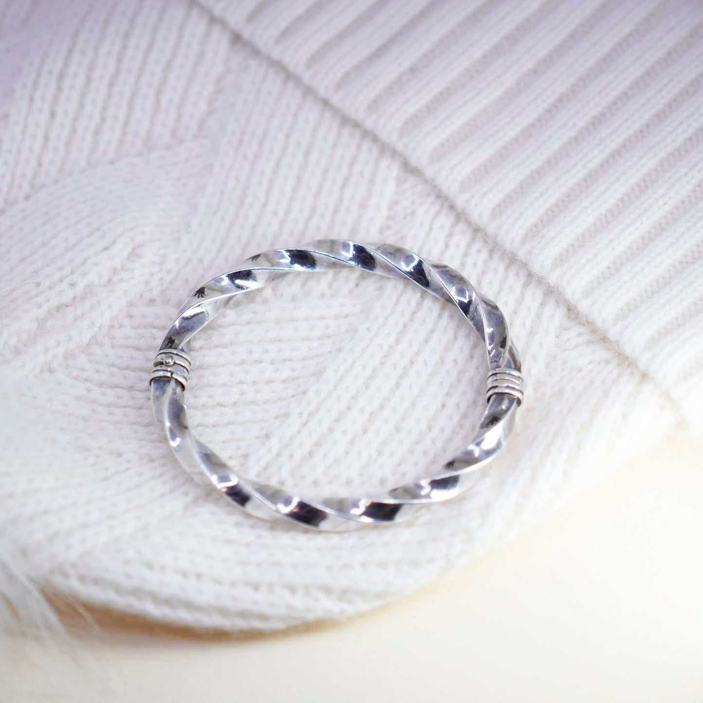 7”, Vintage sterling silver handmade bracelet, twisted 925 cable hinged bangle