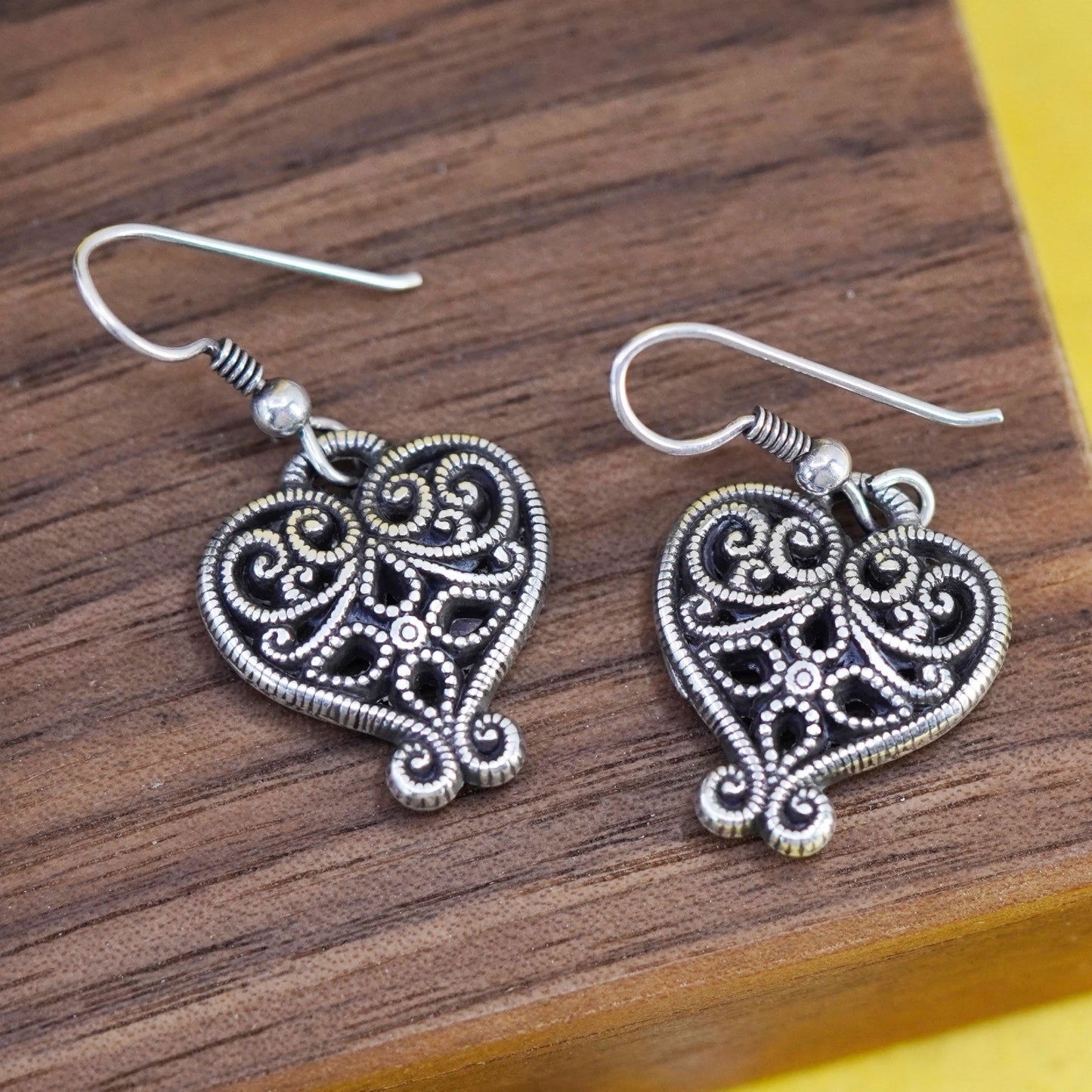 Vintage Sterling silver handmade earrings, 925 filigree heart dangles