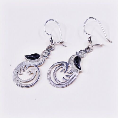 Vintage Southwestern handmade Sterling 925 Silver Peacock Earrings W/ Ovsidian