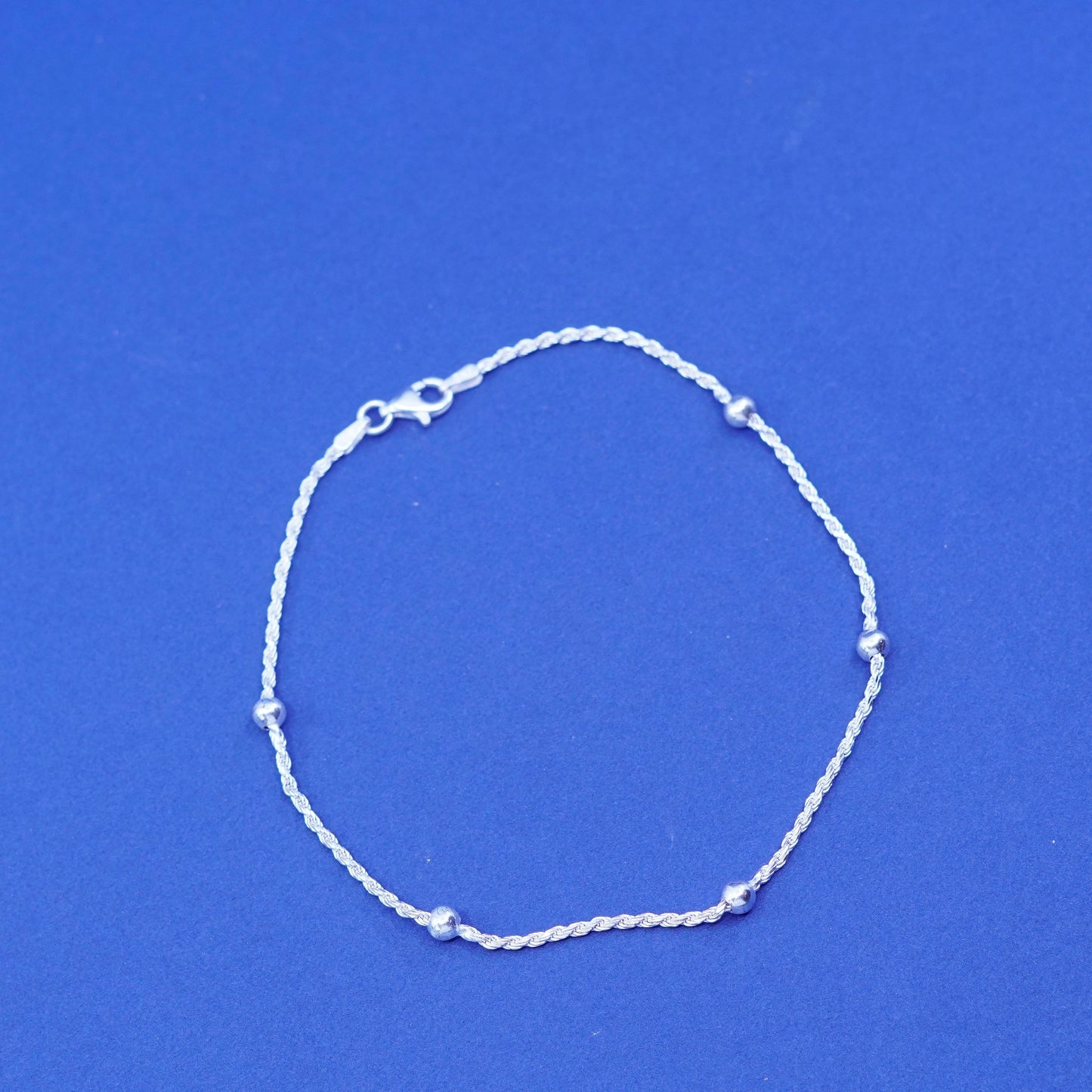 9.5”, vintage sterling silver handmade bracelet, 925 rope anklet chain beads