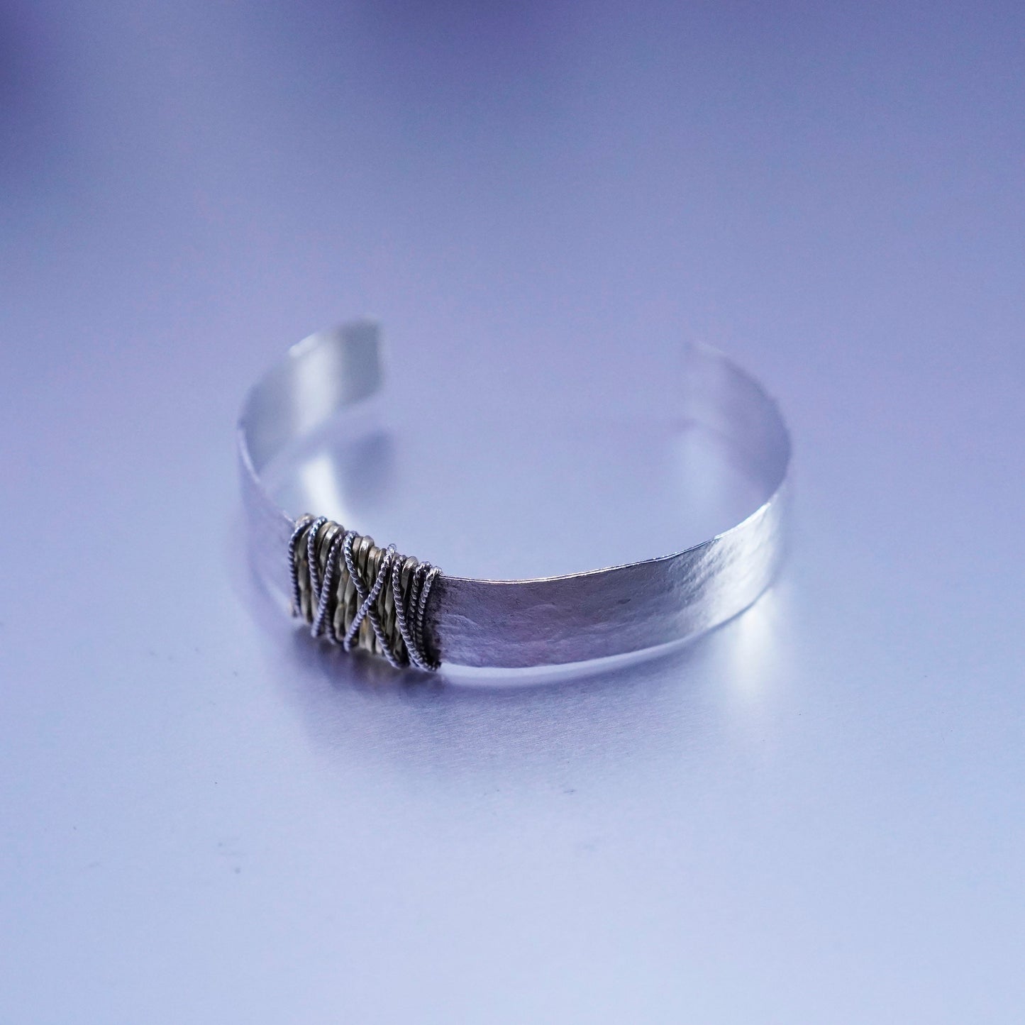 6.5”, Vintage Sterling 925 silver handmade bracelet, hammered wired brass cuff