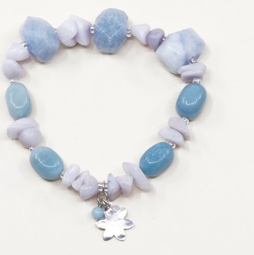 7”, Vtg Handmade Nugget Larimar, Quartz Bracelet W/ Elastic Band N 925 Flower