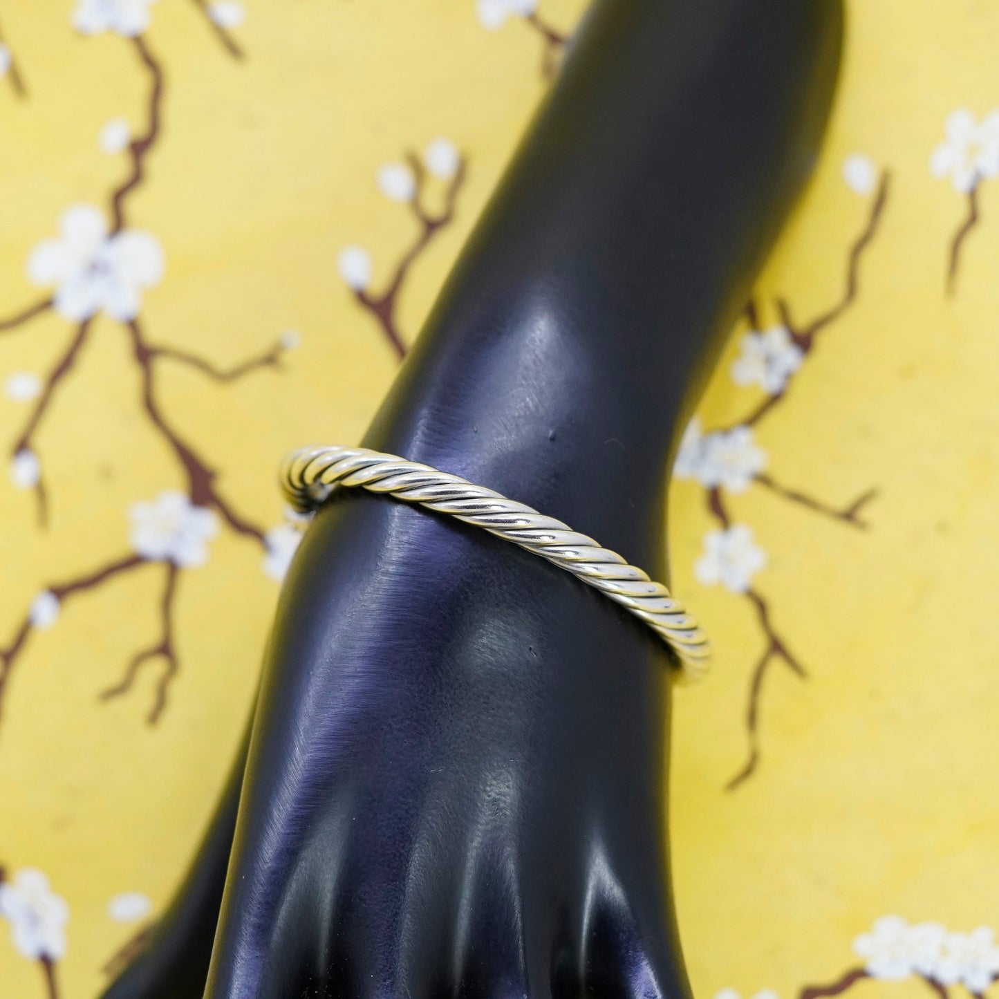 6.75”, vintage Sterling silver handmade bracelet, 925 cable cuff w/ cluster cz