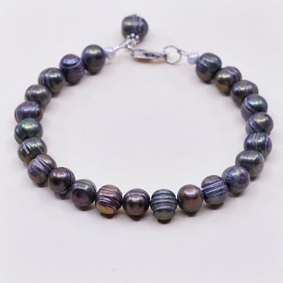 7”, Vintage handmade bracelet, black pearl beads with 925 sterling silver clasp