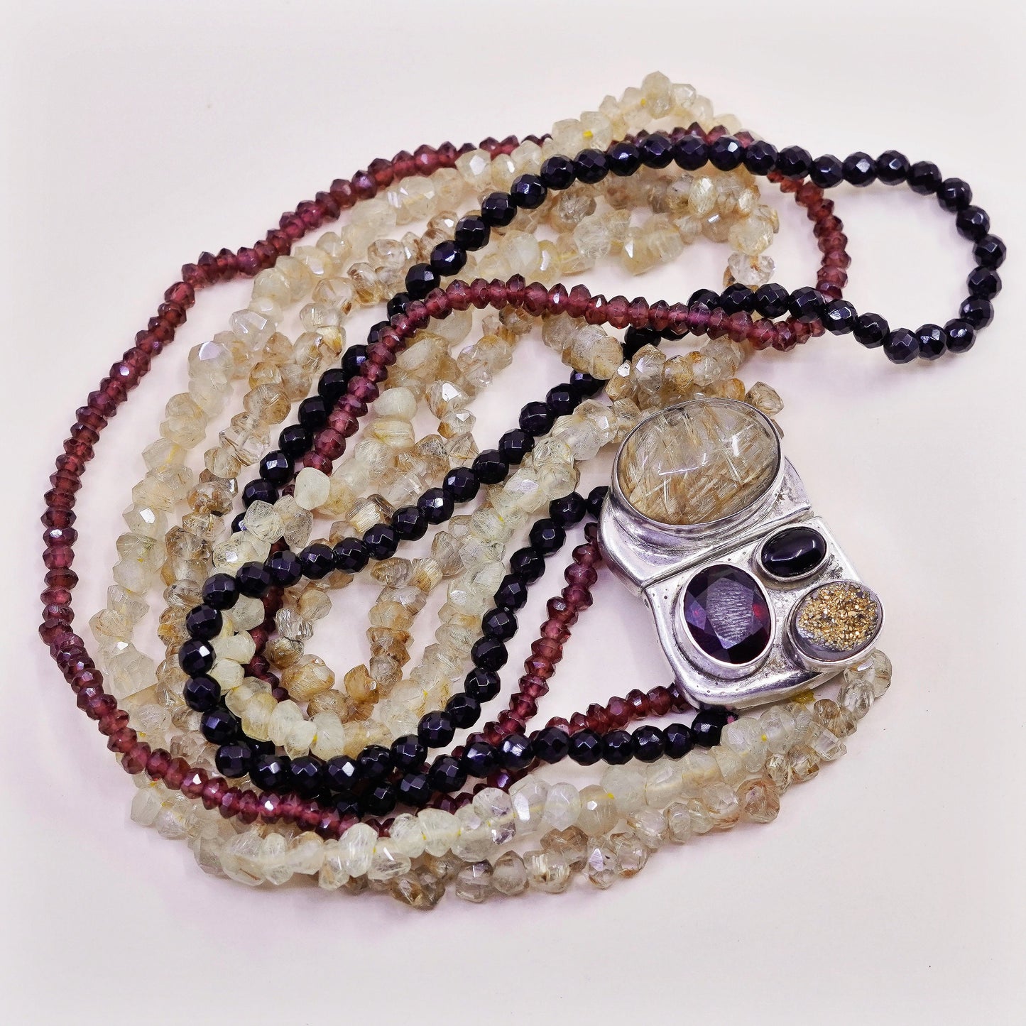 16”, sterling silver necklace, 925 tigers eye rutilated quartz citrine garnet