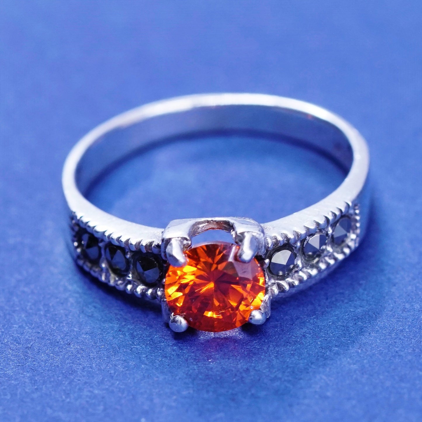 sz 6.75, vtg Sterling 925 silver handmade ring w/ orange crystal and Marcasite