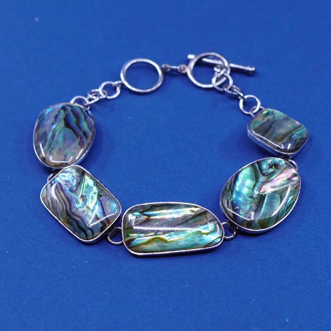 6.75”+1", vtg sterling silver handmade bracelet, 925 w/ abalone links N toggle