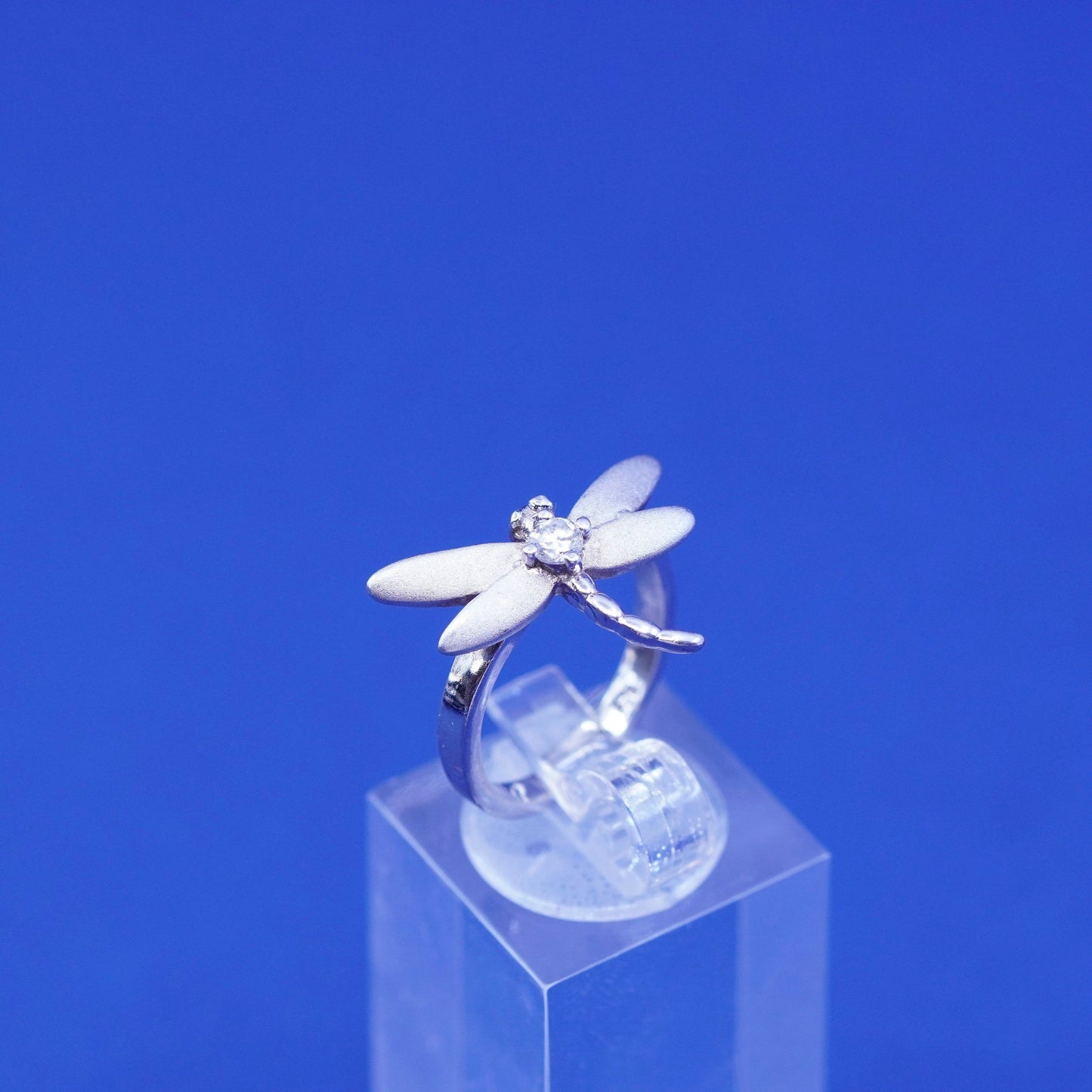 Size 4.5, vintage Sterling silver handmade ring, 925 dragonfly band with cz