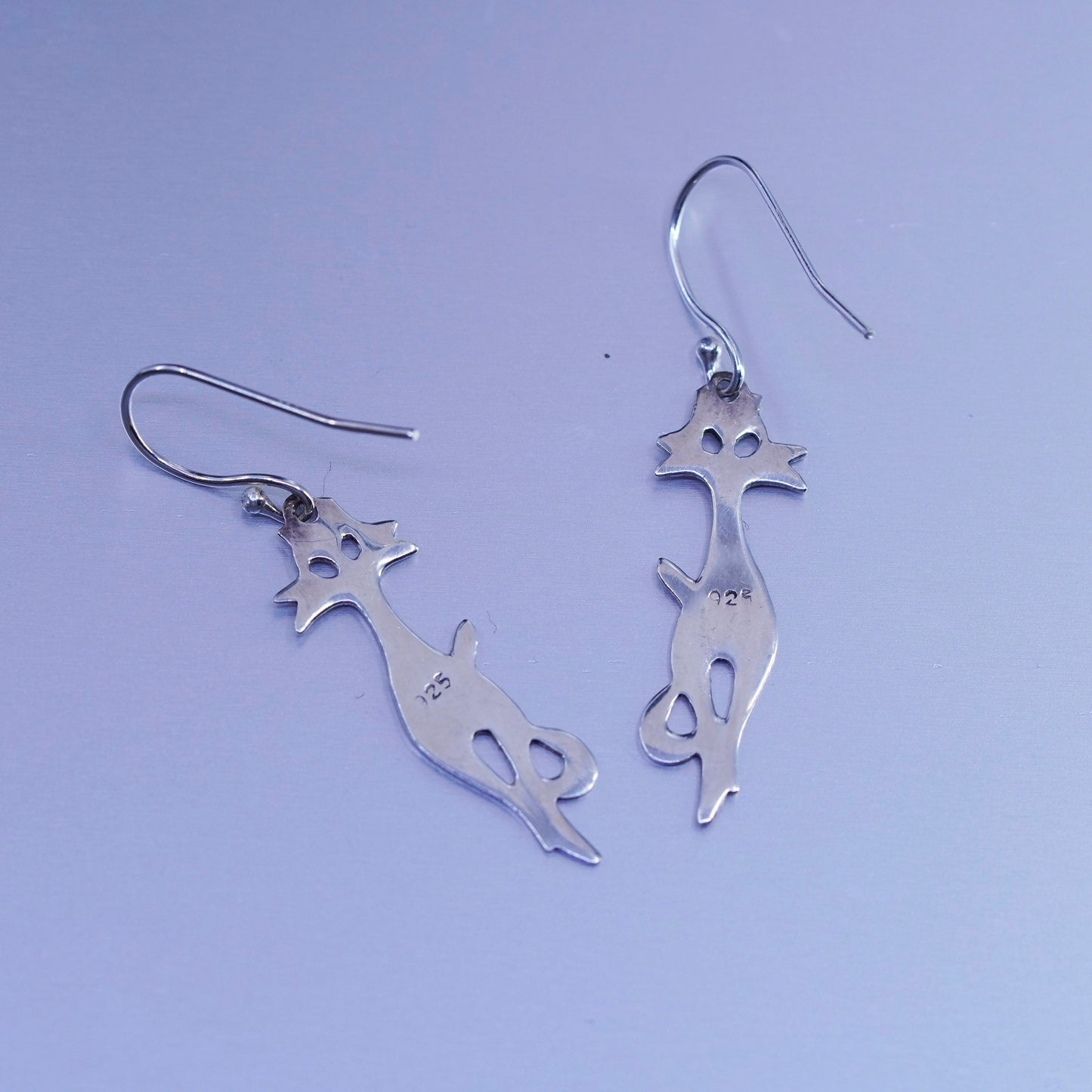 vintage Sterling silver handmade earrings, 925 cat kitty dangles