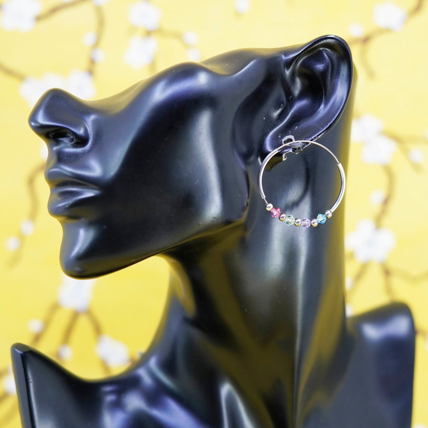 1.25”, vintage Italy Sterling silver handmade hoops 925 huggie earrings crystal