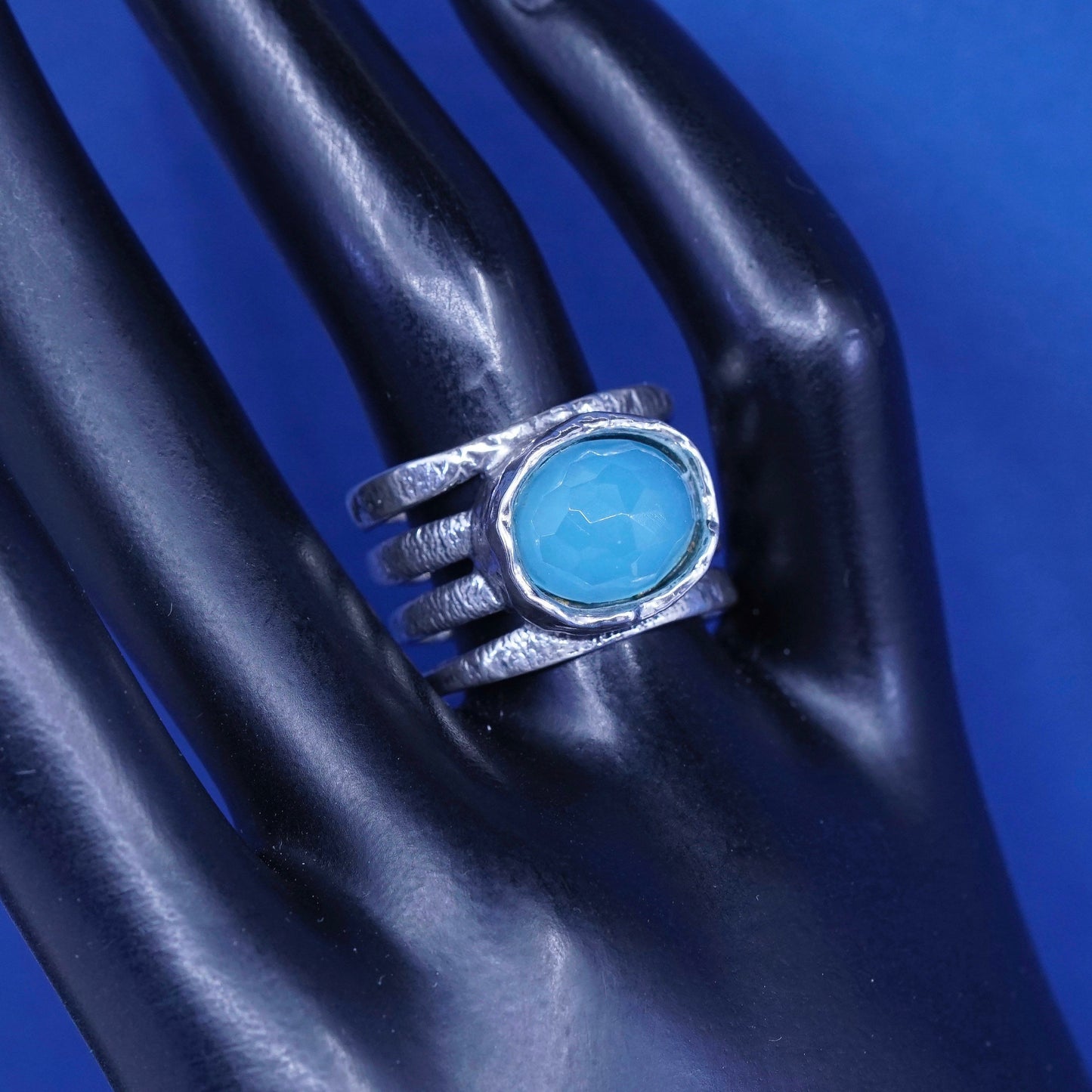 sz 9.5, vtg Israel sterling 925 silver handmade ring with aqua blue chalcedony