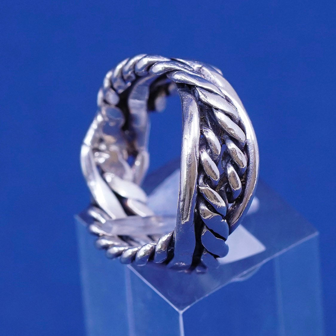 sz 7, vtg Sterling silver handmade ring, 925 band w/ woven rope