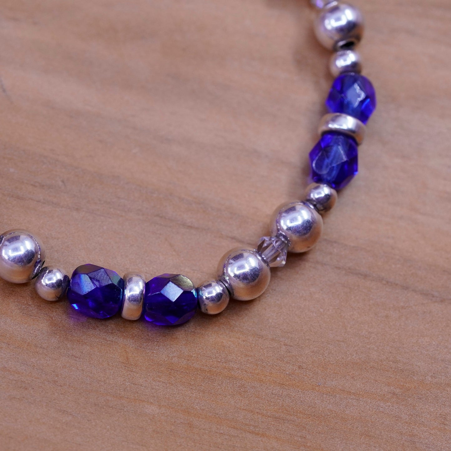 7.25”, vintage Sterling 925 silver beads bracelet with blue crystal
