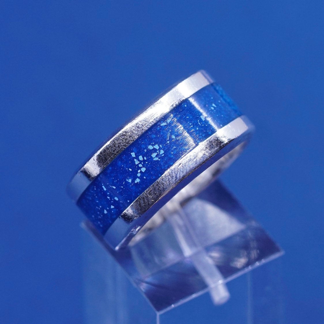 sz 9, vtg sterling silver handmade ring, 925 band w/ Lapis lazuli