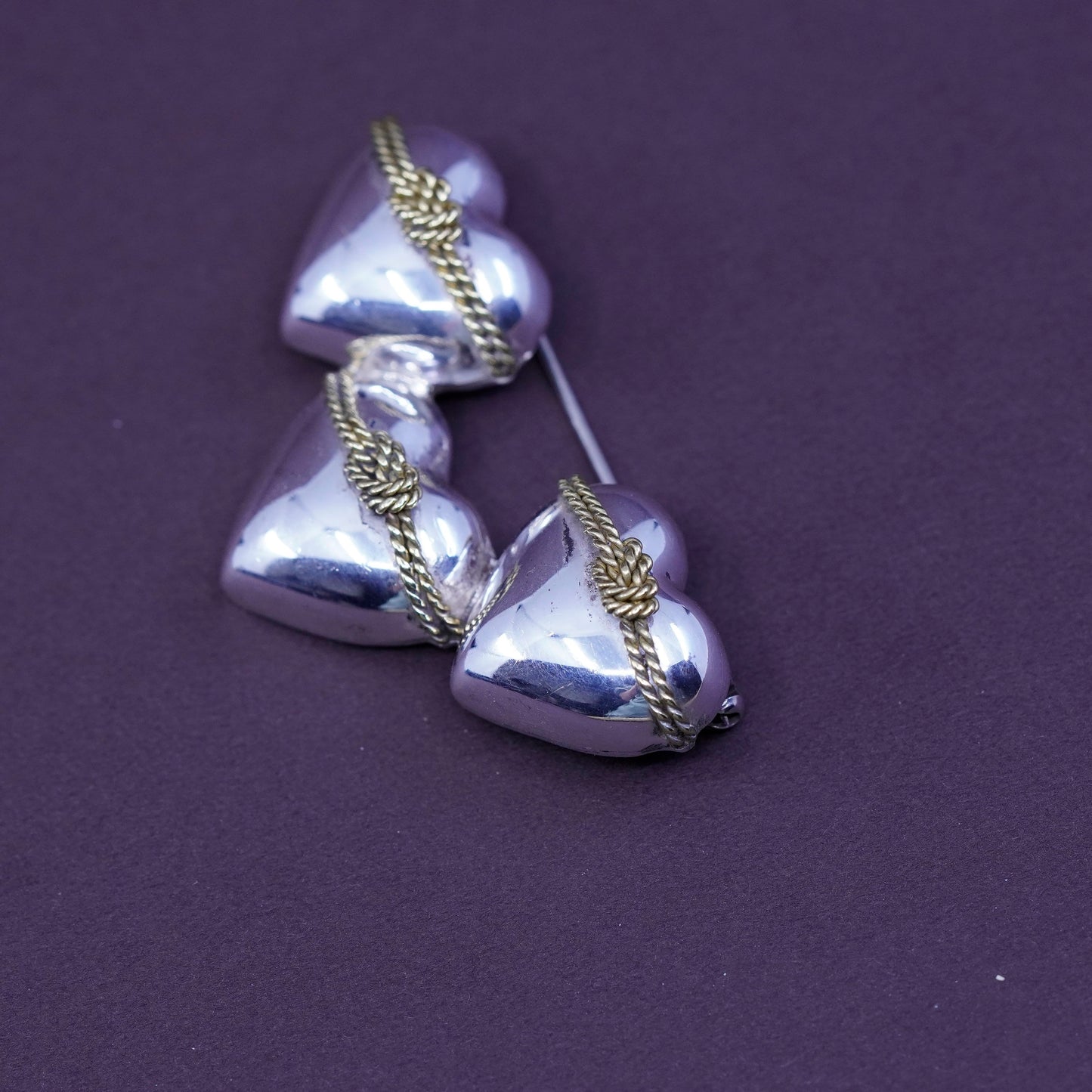 Vintage mexico handmade two tone sterling 925 silver heart brooch