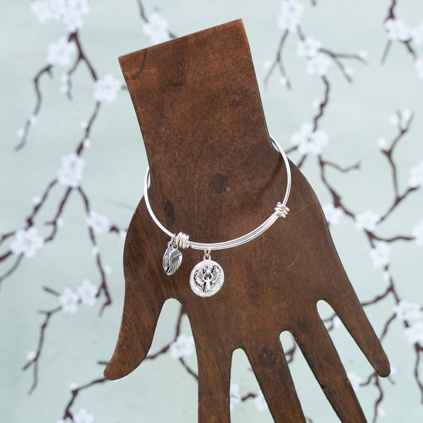 adjustable, sterling silver bracelet, 925 bangle with Guardian angel tag charm
