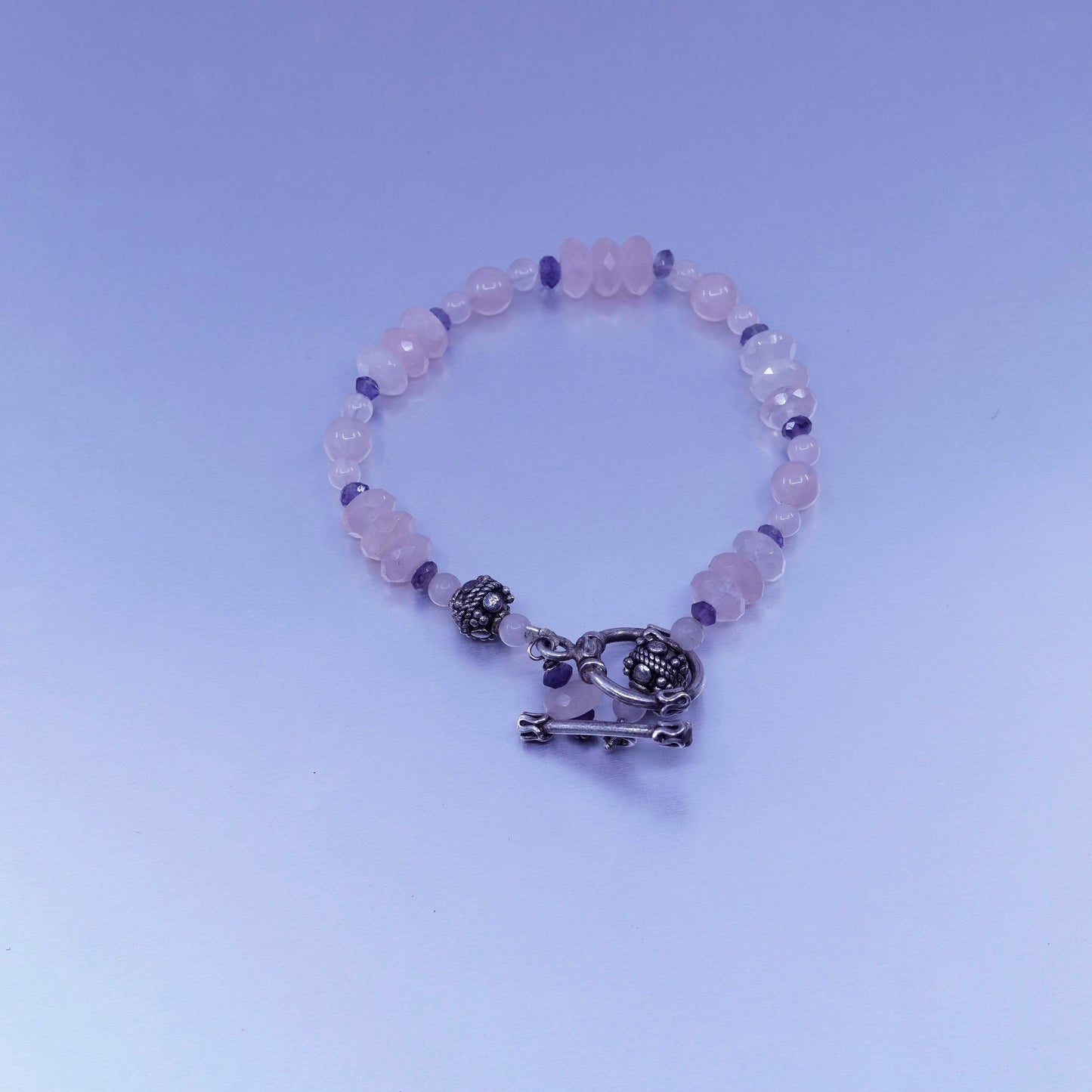 7”, vintage Sterling 925 silver handmade bracelet with pink crystal beads
