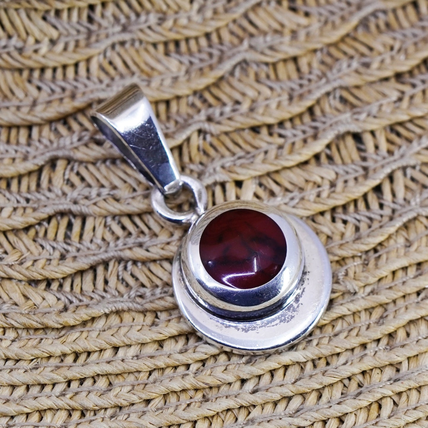 Vintage Mexico Sterling 925 silver handmade round pendant with red jasper