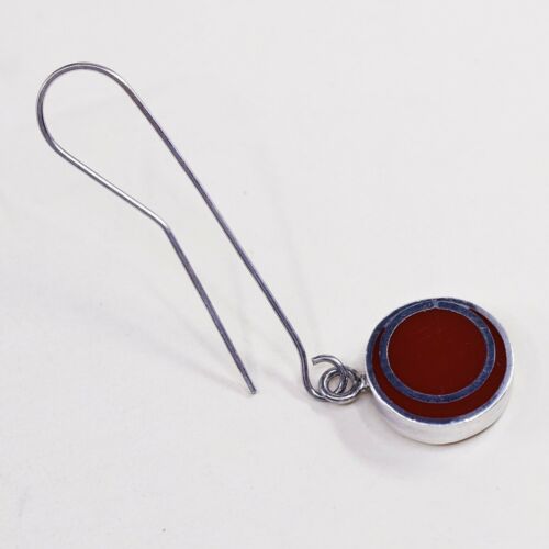 Signed TEGO & Co Sterling Silver Red Lucite Round Modernist Long Hook Earrings
