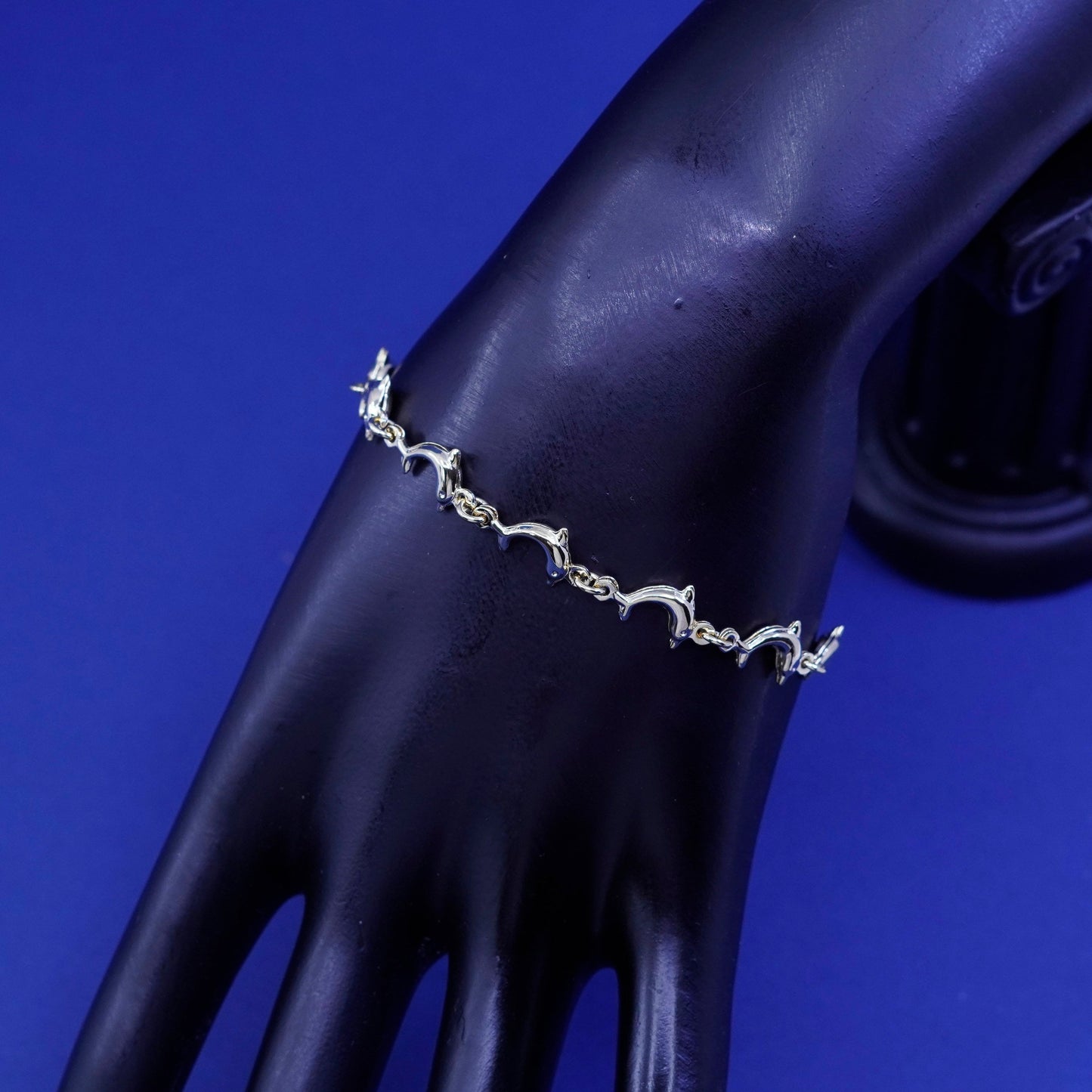 7”, vintage vermeil, gold over sterling silver tennis bracelet, 925 dolphin chain