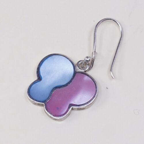 STERLING 925 SILVER Handmade Earrings W/ Blue N Pink Butterfly MOTHER OF PEARL
