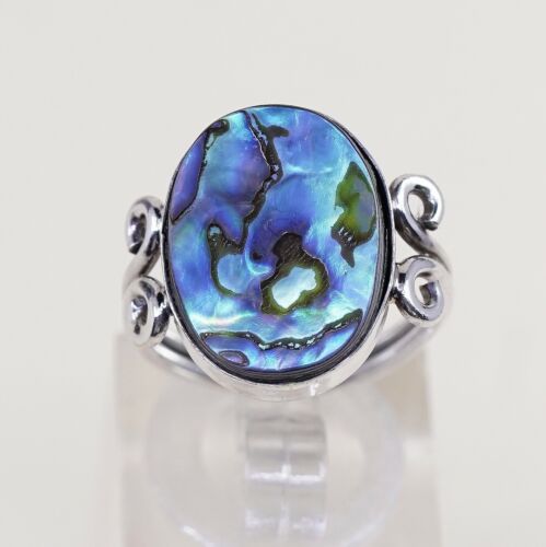 Size 6, Handmade Ring in Sterling 925 Silver N Oval Abalone, Silver Fested