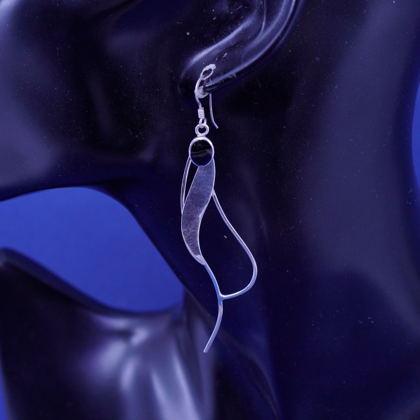 Vintage sterling 925 silver handmade long wavy earrings with oval obsidian