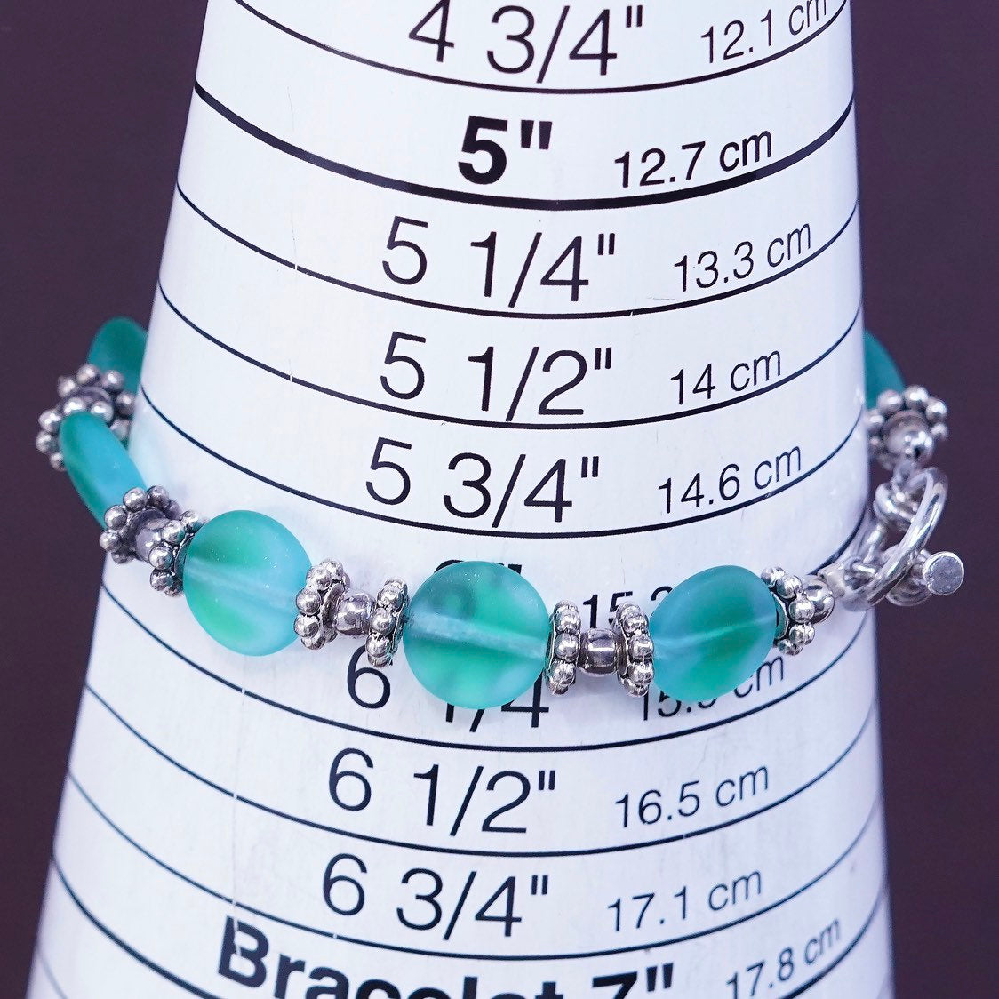 6", handmade bracelet, 925 clasp with green glass bracelet, silver tested
