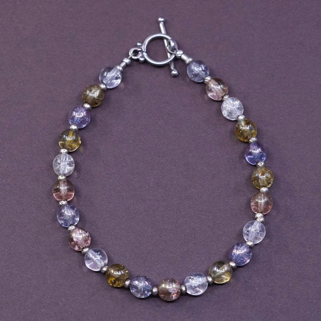 7", vtg Sterling silver handmade chain crystal beads bracelet w/ toggle closure