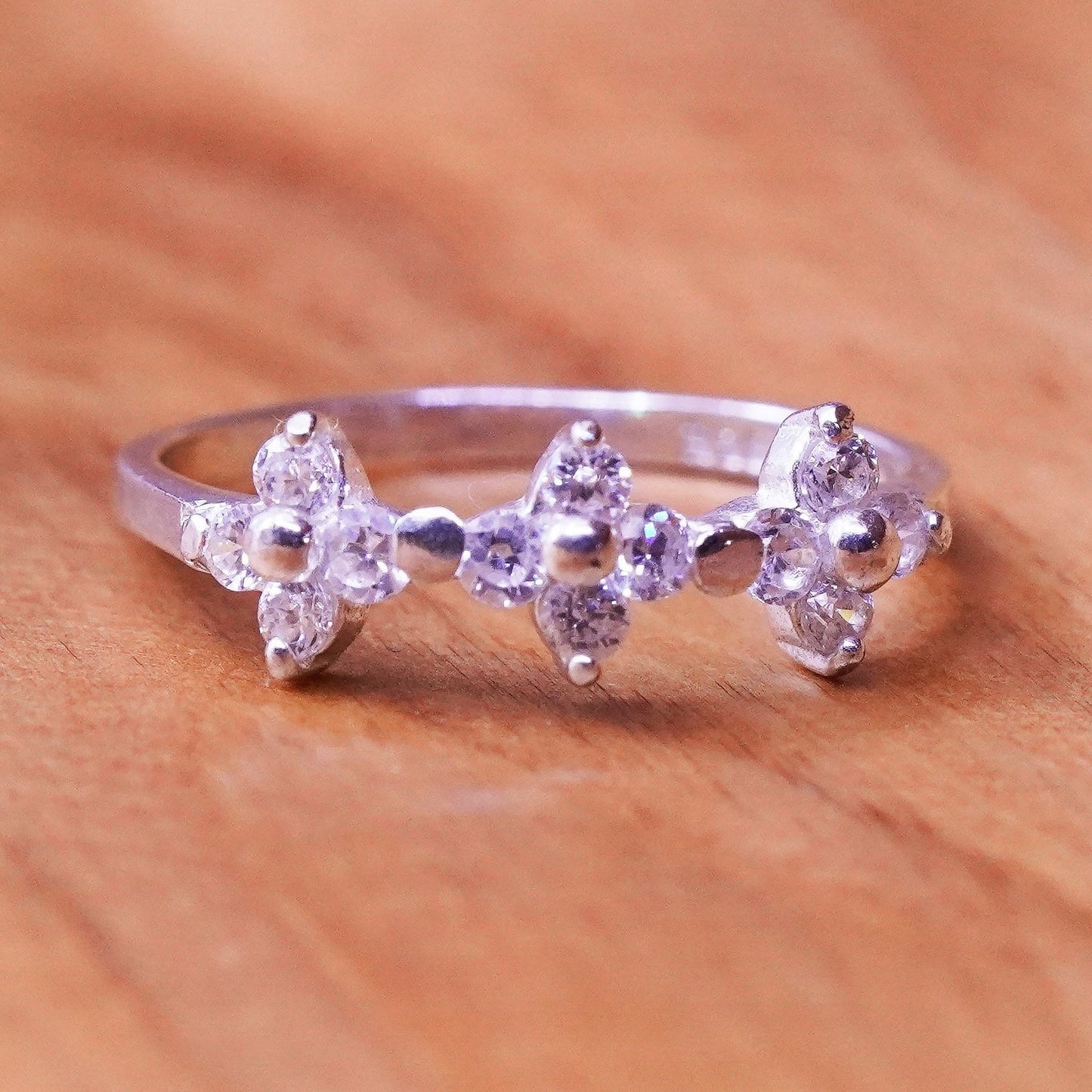 size 5, vtg Sterling 925 silver handmade ring, stackable cz lucky clover band