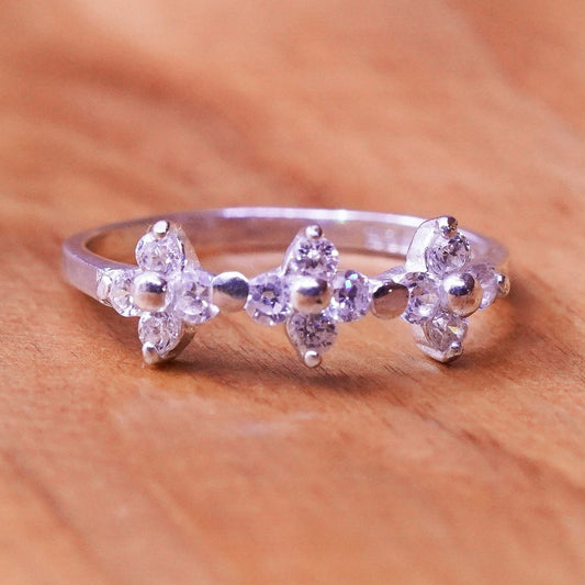 size 5, vtg Sterling 925 silver handmade ring, stackable cz lucky clover band