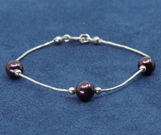 7", Sterling silver handmade bracelet, 925 snake chain w/ pearl beads