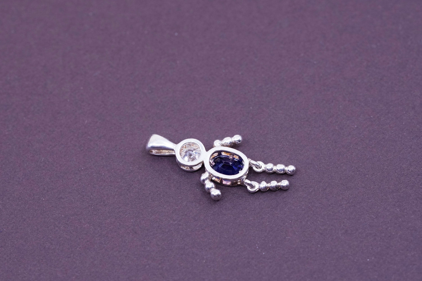 Vintage Sterling 925 silver birthstone pendant with sapphire, baby boy figure