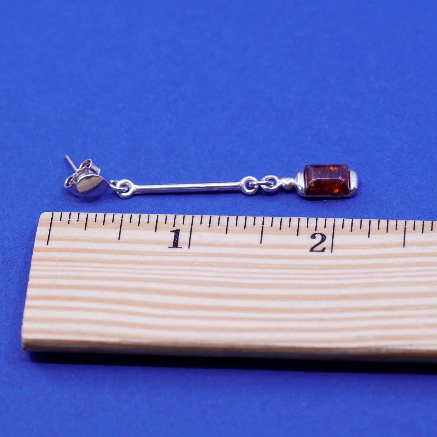 Vintage sterling 925 silver handmade long earrings with rectangular amber