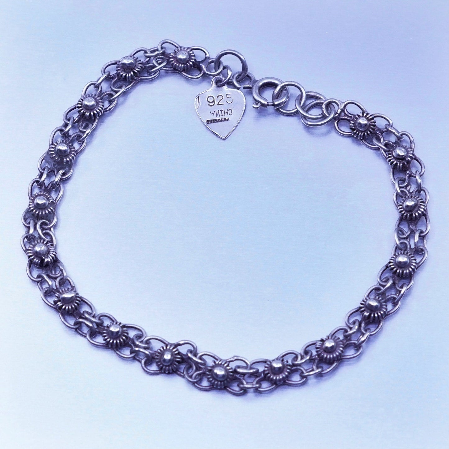 7.5”, 5mm, Vintage Sterling 925 silver handmade flower bracelet, chain