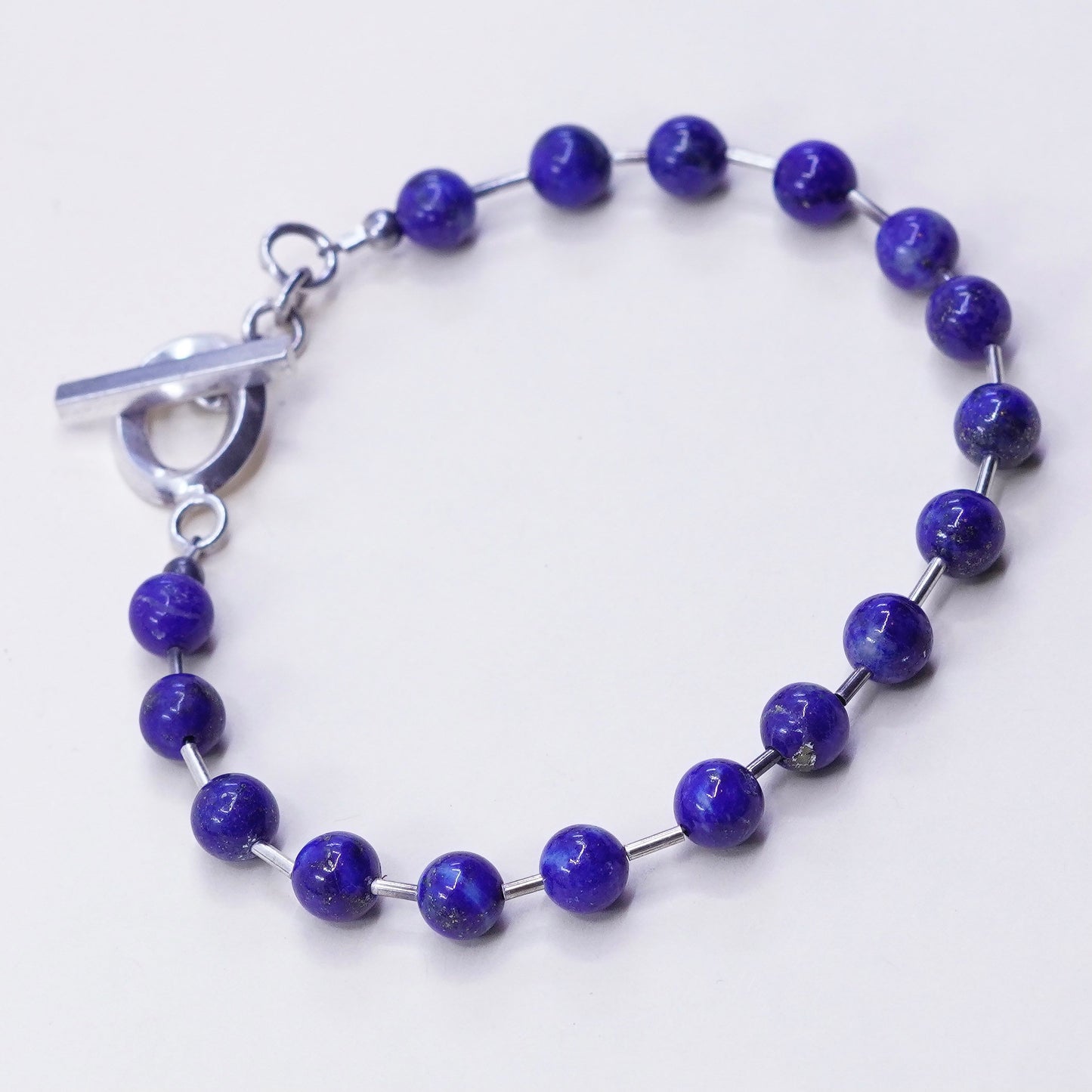 7”, Vintage Sterling 925 silver bracelet with square shaped lapis lazuli beads