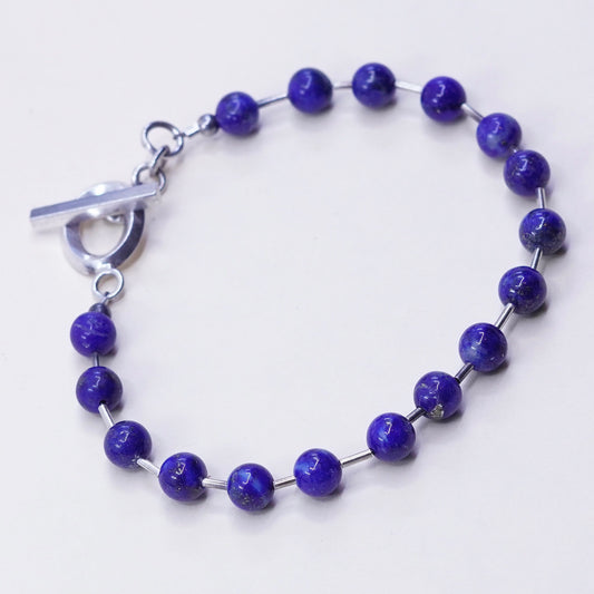 7”, Vintage Sterling 925 silver bracelet with square shaped lapis lazuli beads