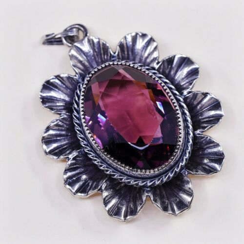 Vtg Danecraft Sterling silver pendant, Floral 925 w/ amethyst, stamped Sterling