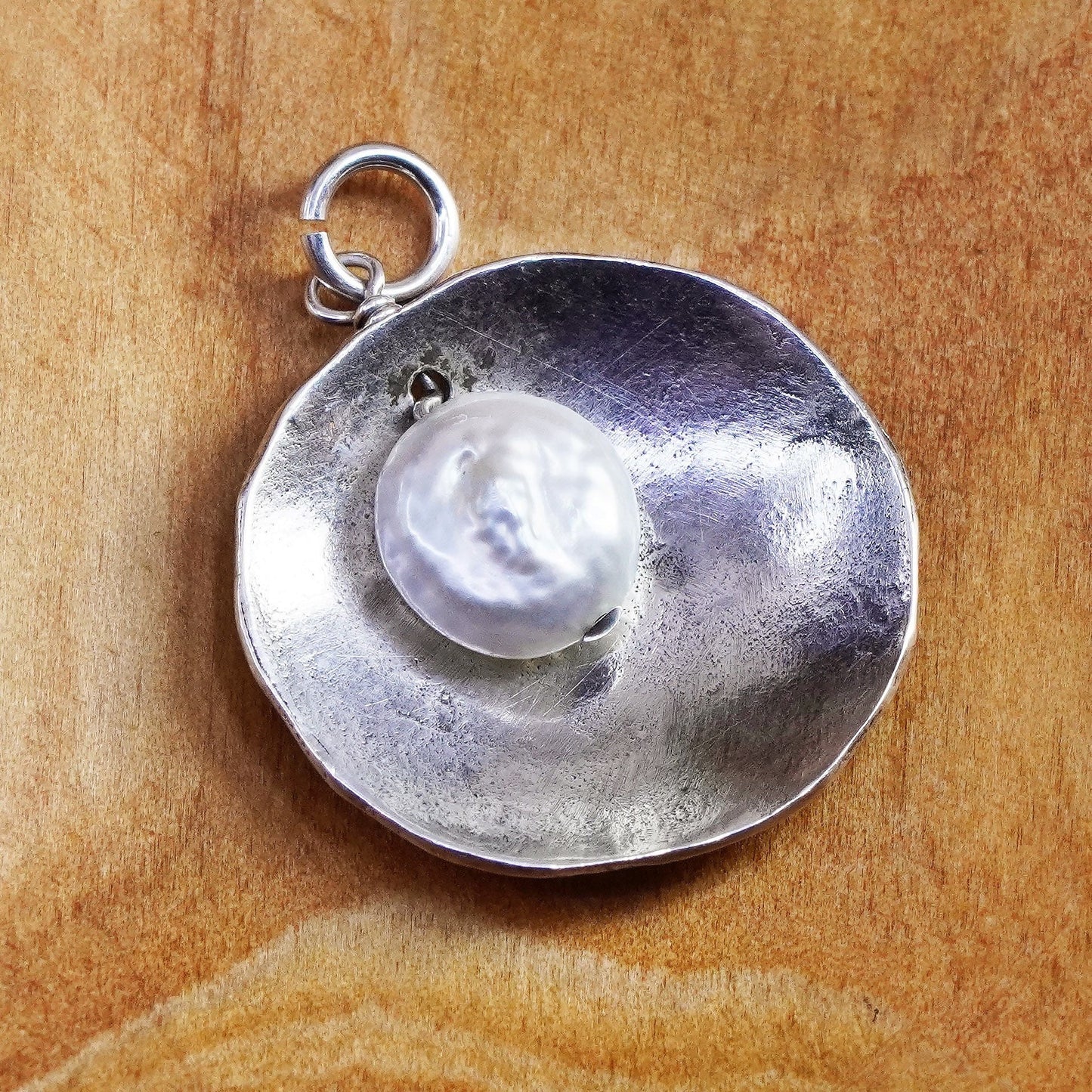 Vintage Sterling silver handmade pendant, 925 disc with pearl, silver tested